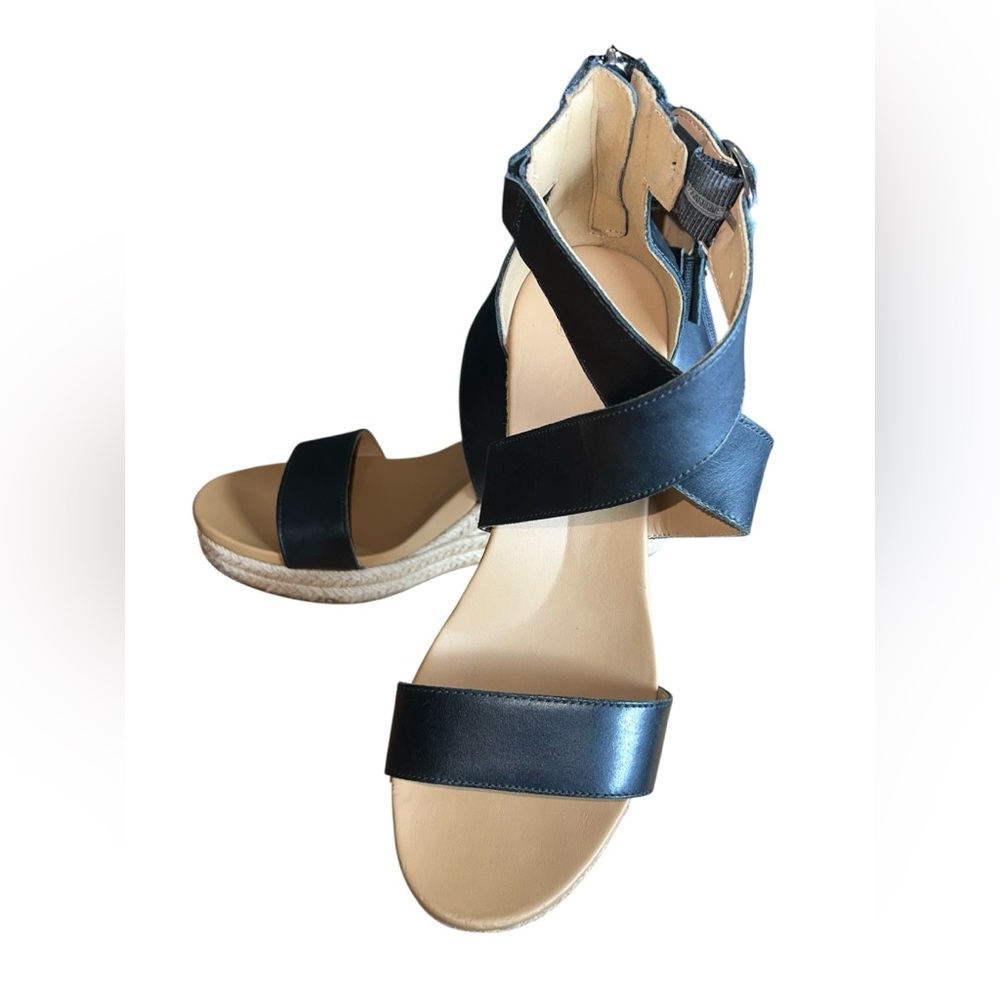 Ugg Hylda Black Leather Strappy Espadrille Wedge Sandals Ankle Buckle Women’s 9